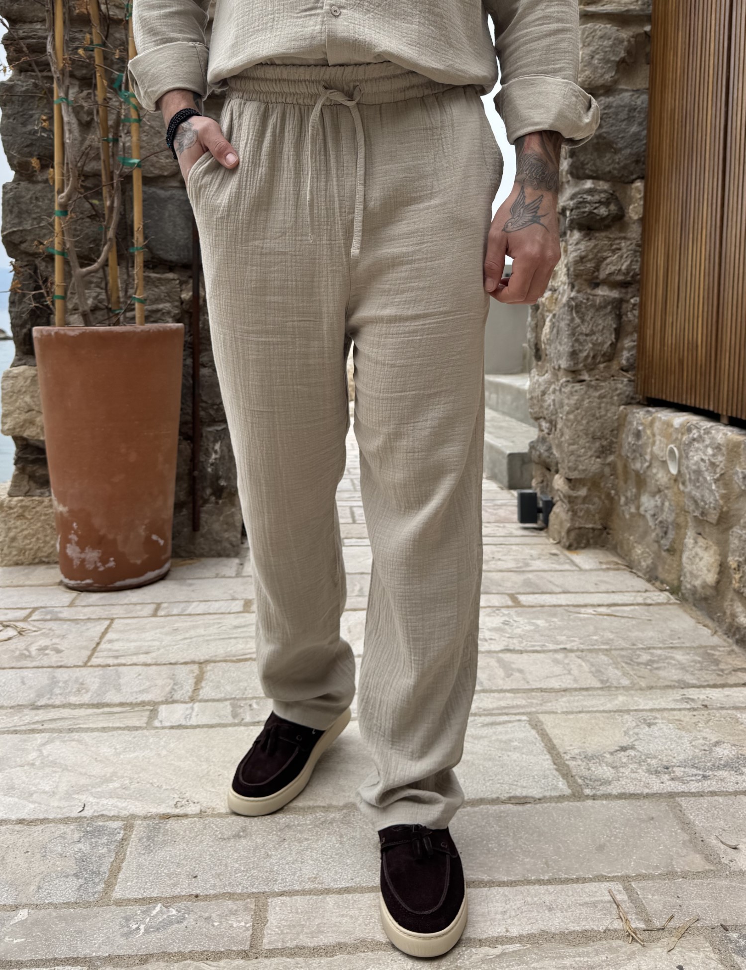 ESSENTIALS Ανδρική μπεζ loose παντελόνα με λάστιχο ES517B